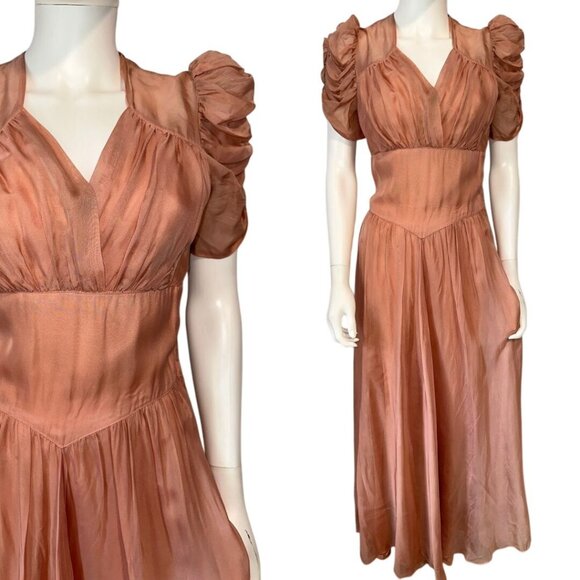 Vtg 30s 40s Dusty Rose Pink Puff Sleeve V-Neck Maxi Dress Gown Womens Size XS/S - Picture 1 of 13
